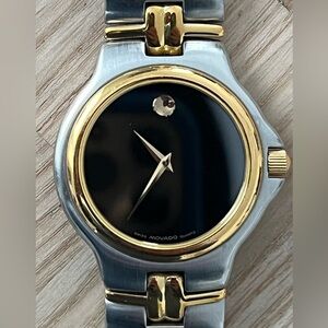 Movado Vintage Luxury Watch Black Dial Two-Tone Bracelet Gold-Tone Hands